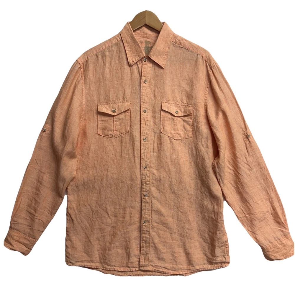 Islander 100% Linen Men's Button Down Long‎ Sleeve Shirt Orange XL Resortwear